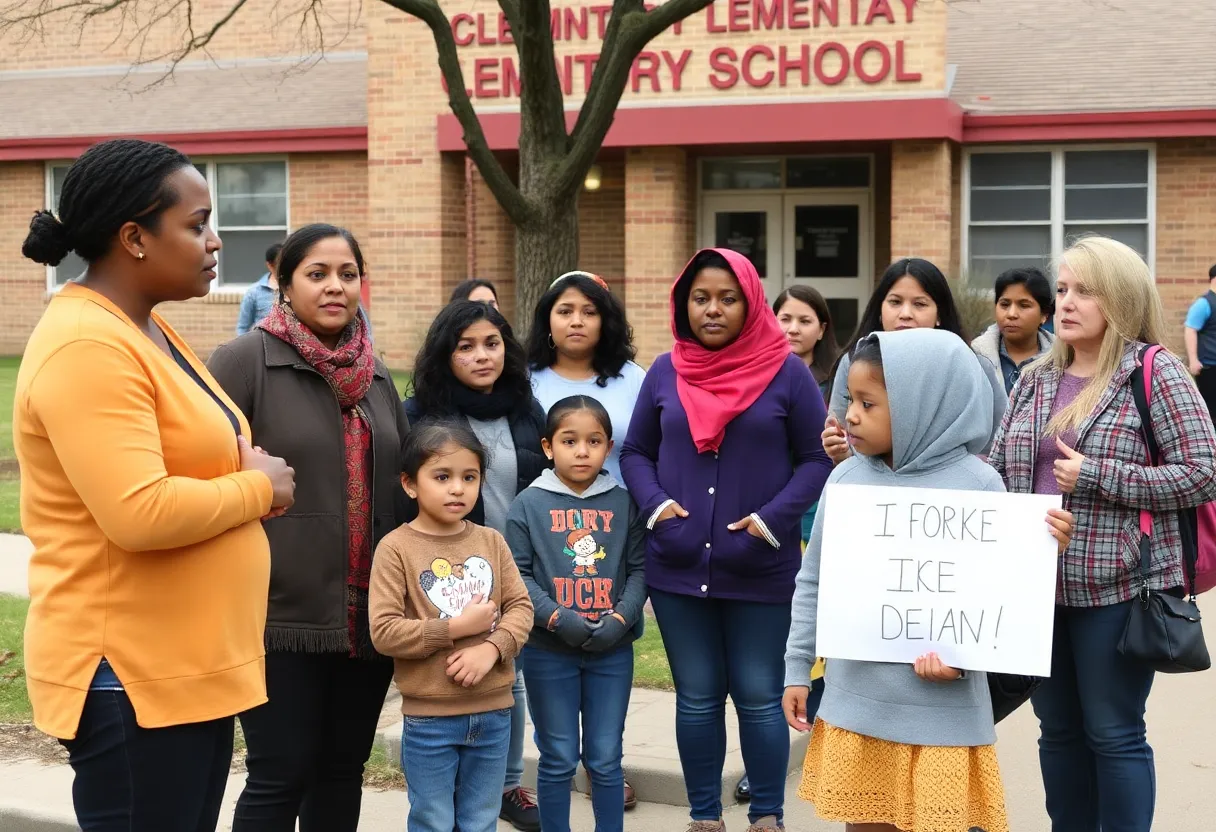 Parents and children expressing concern outside an elementary school