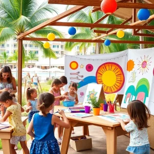 Families enjoying art activities at a pop-up studio in San Diego
