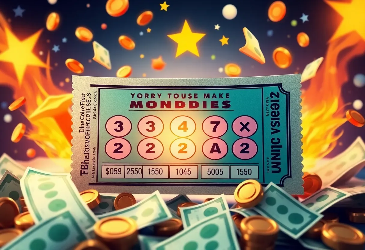 Illustration of a Powerball lottery ticket with cash around it