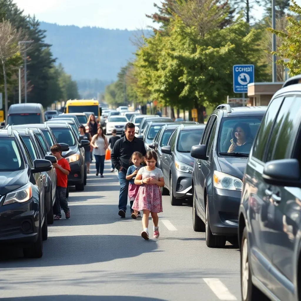 A busy school drop-off area with children and parents