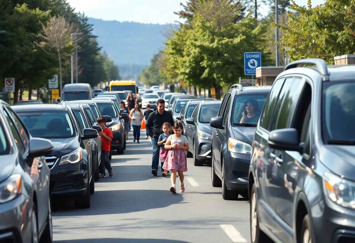 A busy school drop-off area with children and parents