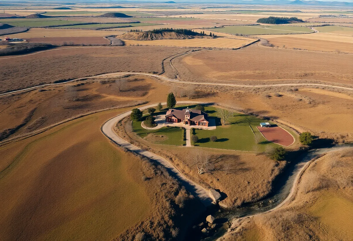 Aerial view of Reynolds Ranch showcasing farmland and rangeland.