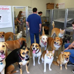 A crowded animal shelter with dogs and cats, showcasing the urgent need for adoption and community support.