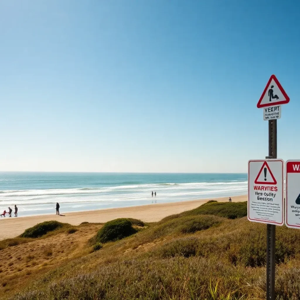 Scenic view of a San Diego beach with surfers and pollution warning signs