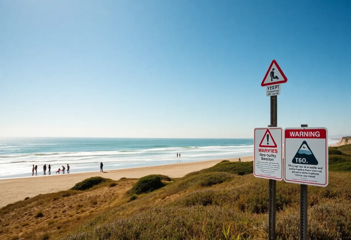 Scenic view of a San Diego beach with surfers and pollution warning signs