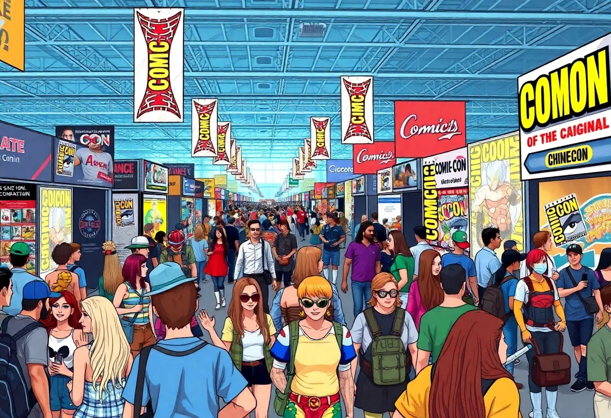 Illustration of San Diego Comic-Con event with attendees in cosplay