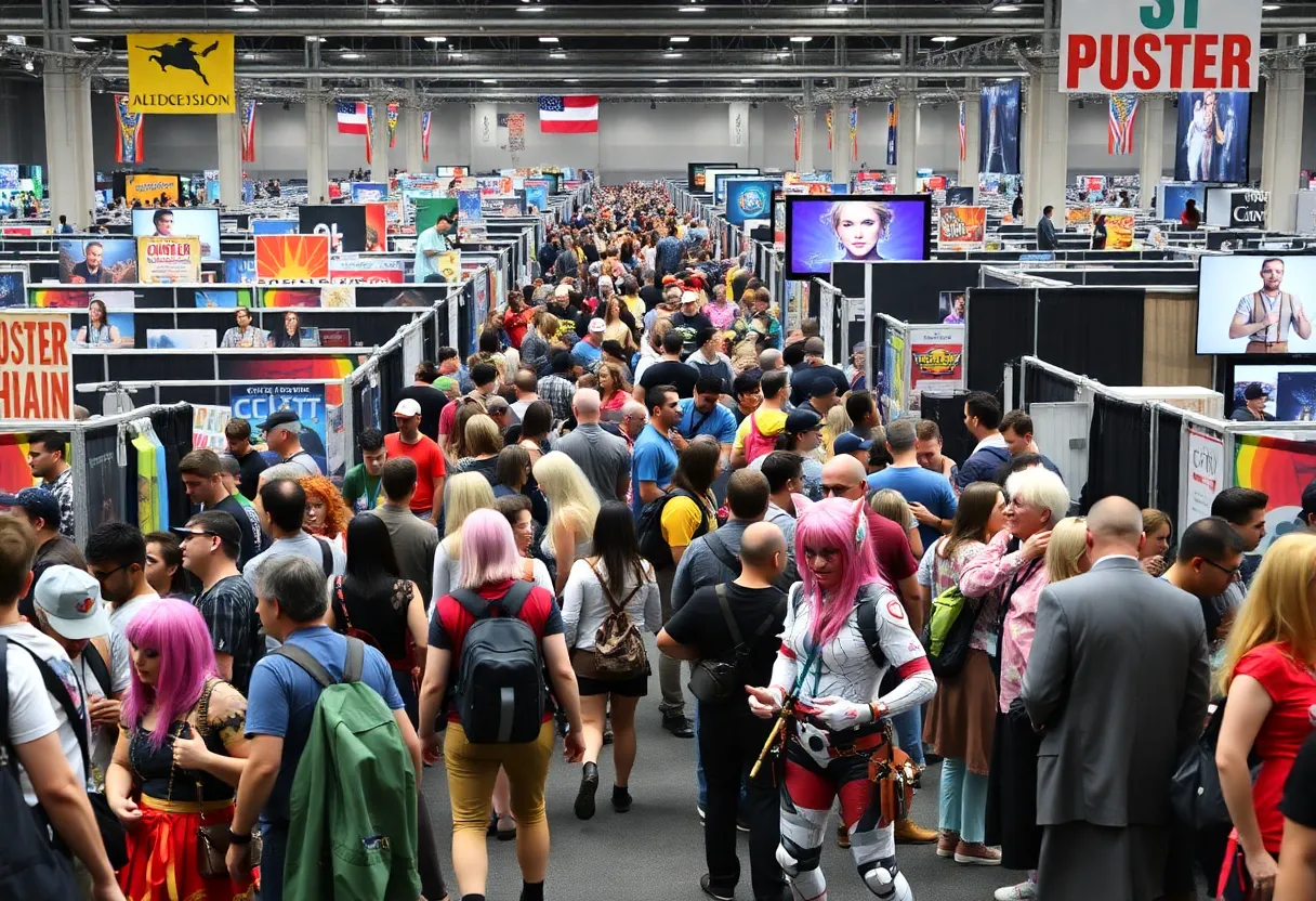 Attendees enjoying San Diego Comic-Con with elaborate costumes and merchandise booths.