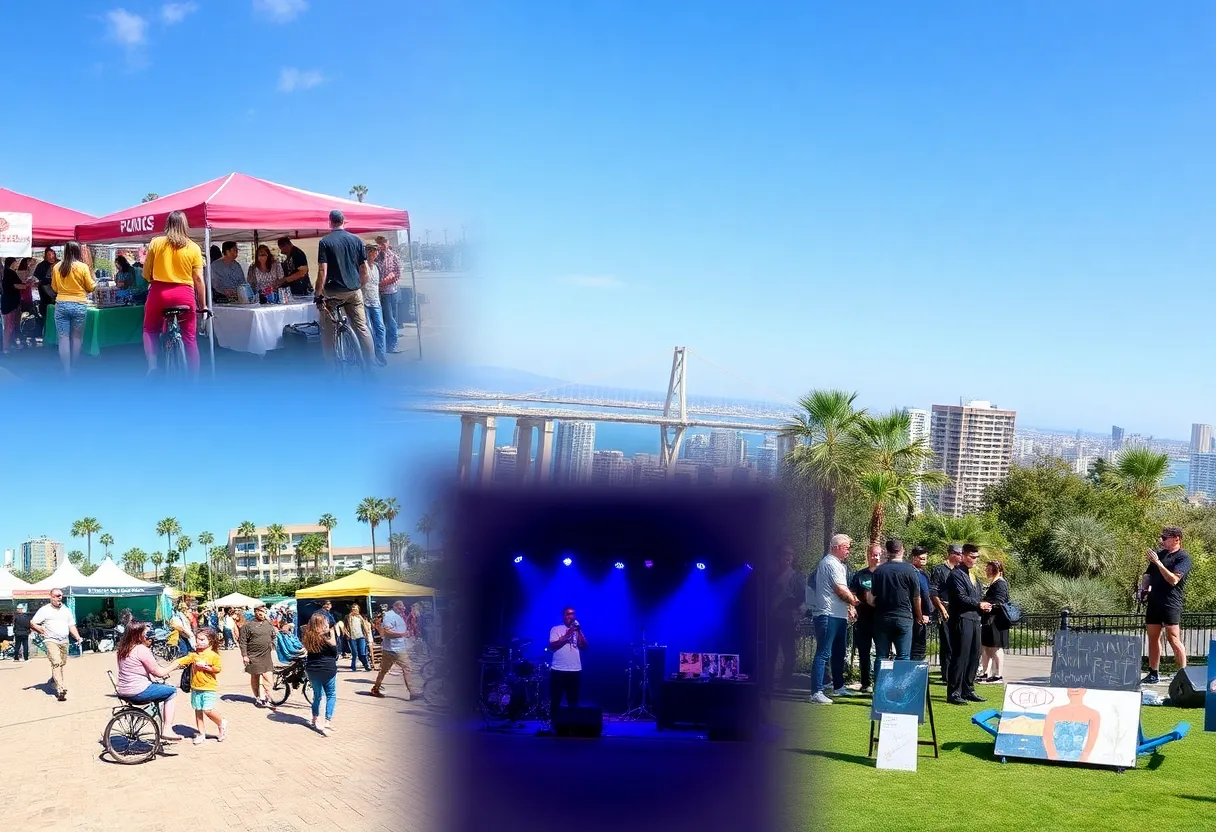 Collage of San Diego weekend events including food festival, cycling, and live music.