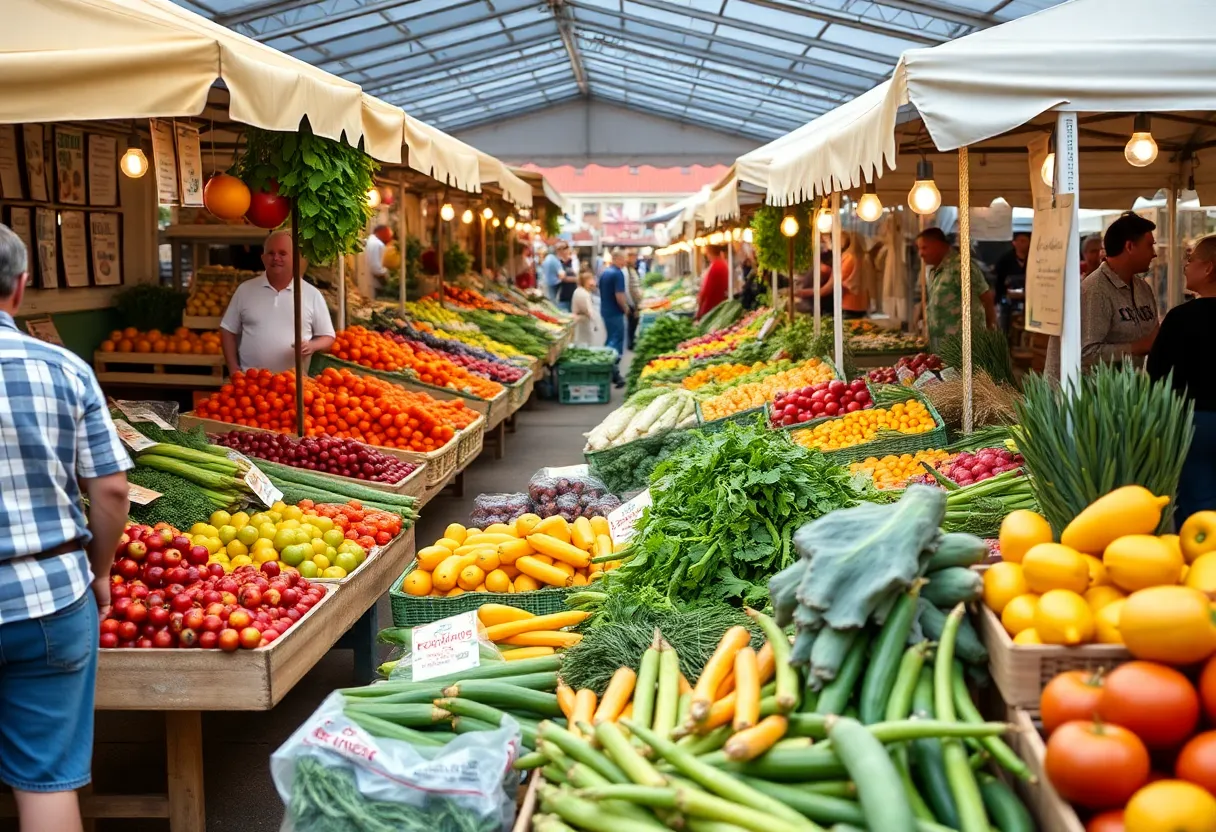 Stalls at a San Diego farmers market filled with colorful fresh produce.