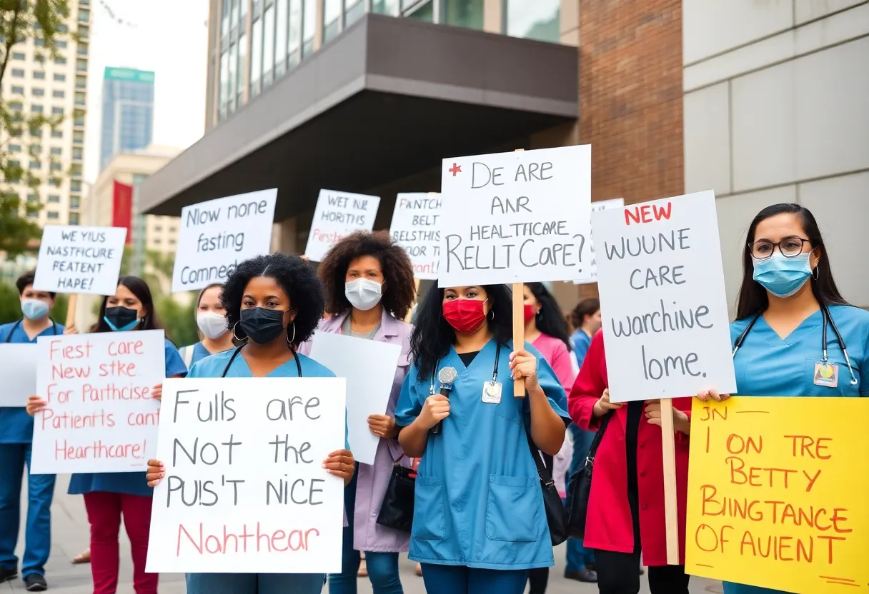 Healthcare workers protesting for better patient care and working conditions in San Diego.