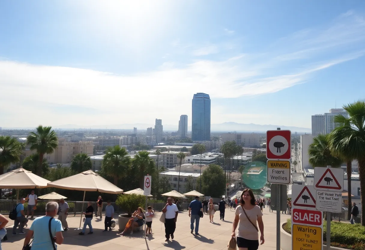 Illustration of San Diego during a summer heat wave with people in the sun and shade.