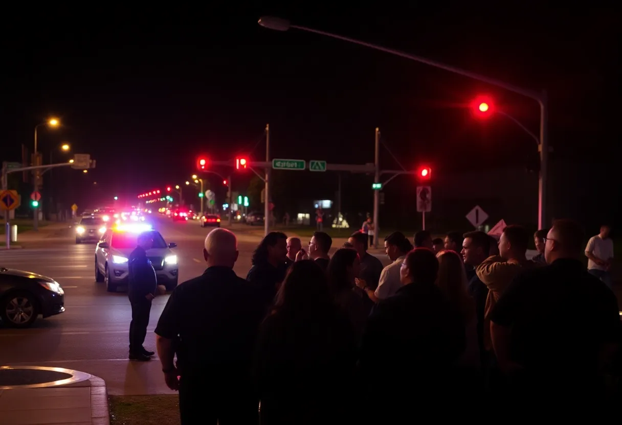 Police lights and concerned citizens gathering near a San Diego street after a hit-and-run incident.