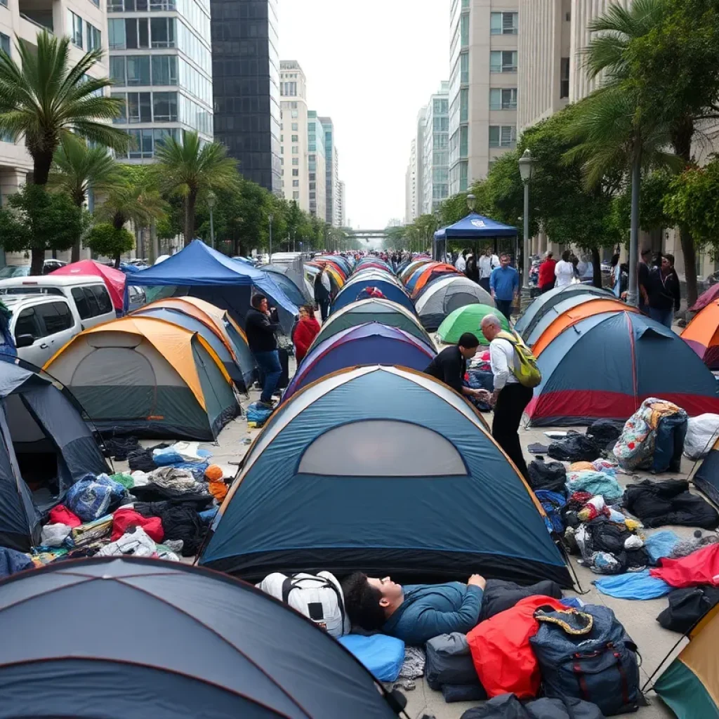 A homeless shelter in San Diego with tents and support staff.