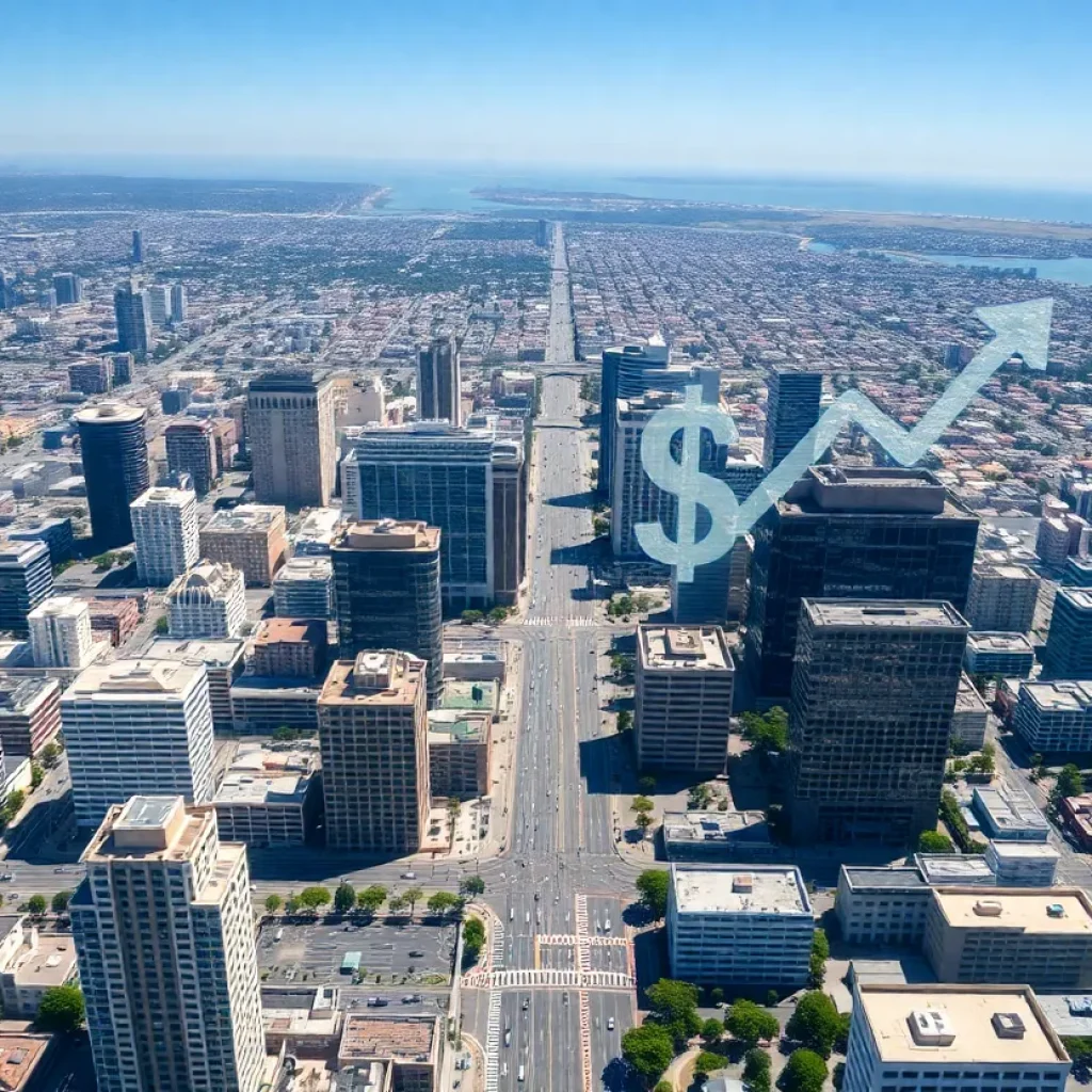 Aerial view of San Diego with economic symbols representing inflation