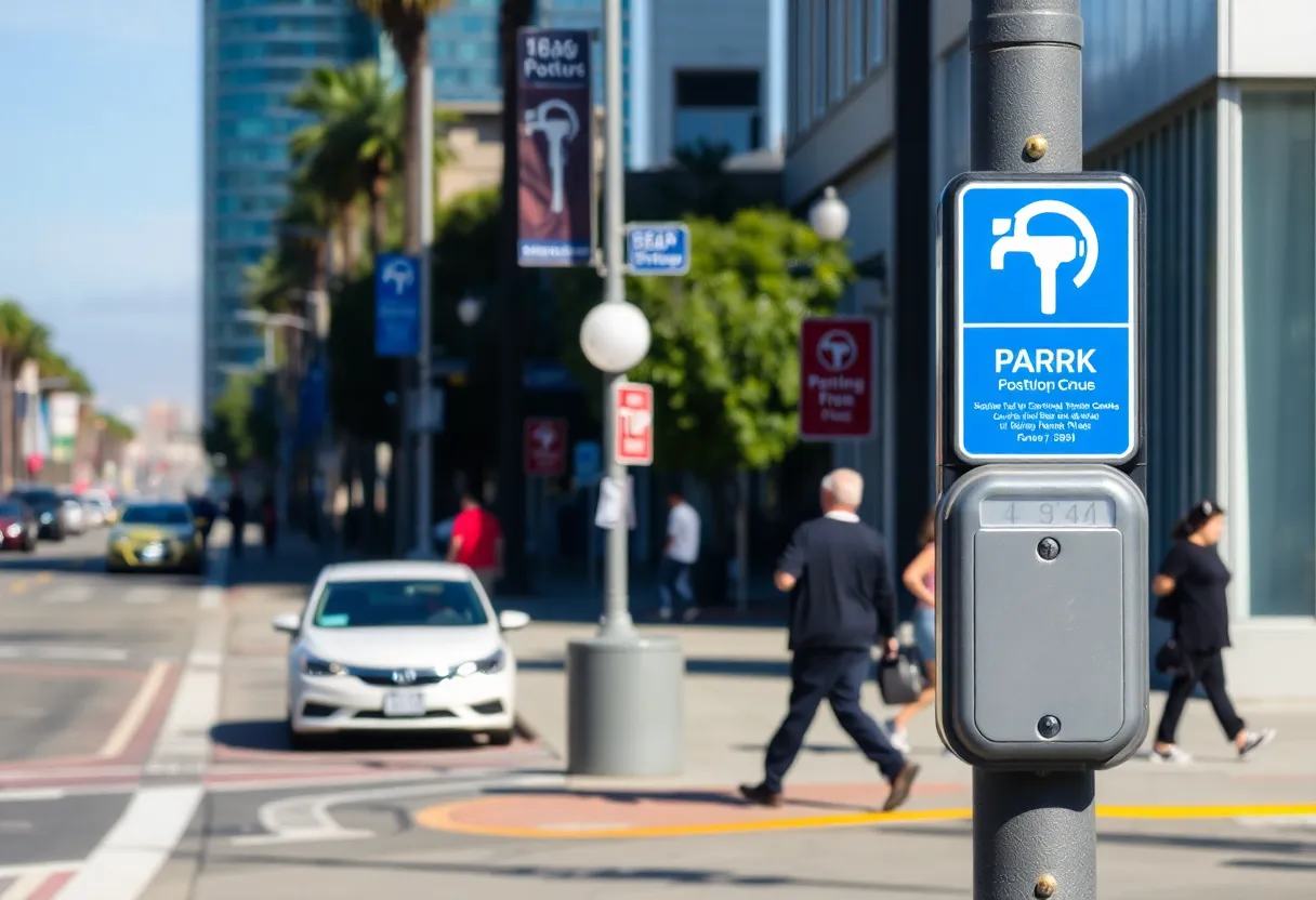 Parking meters on a San Diego street with pedestrians