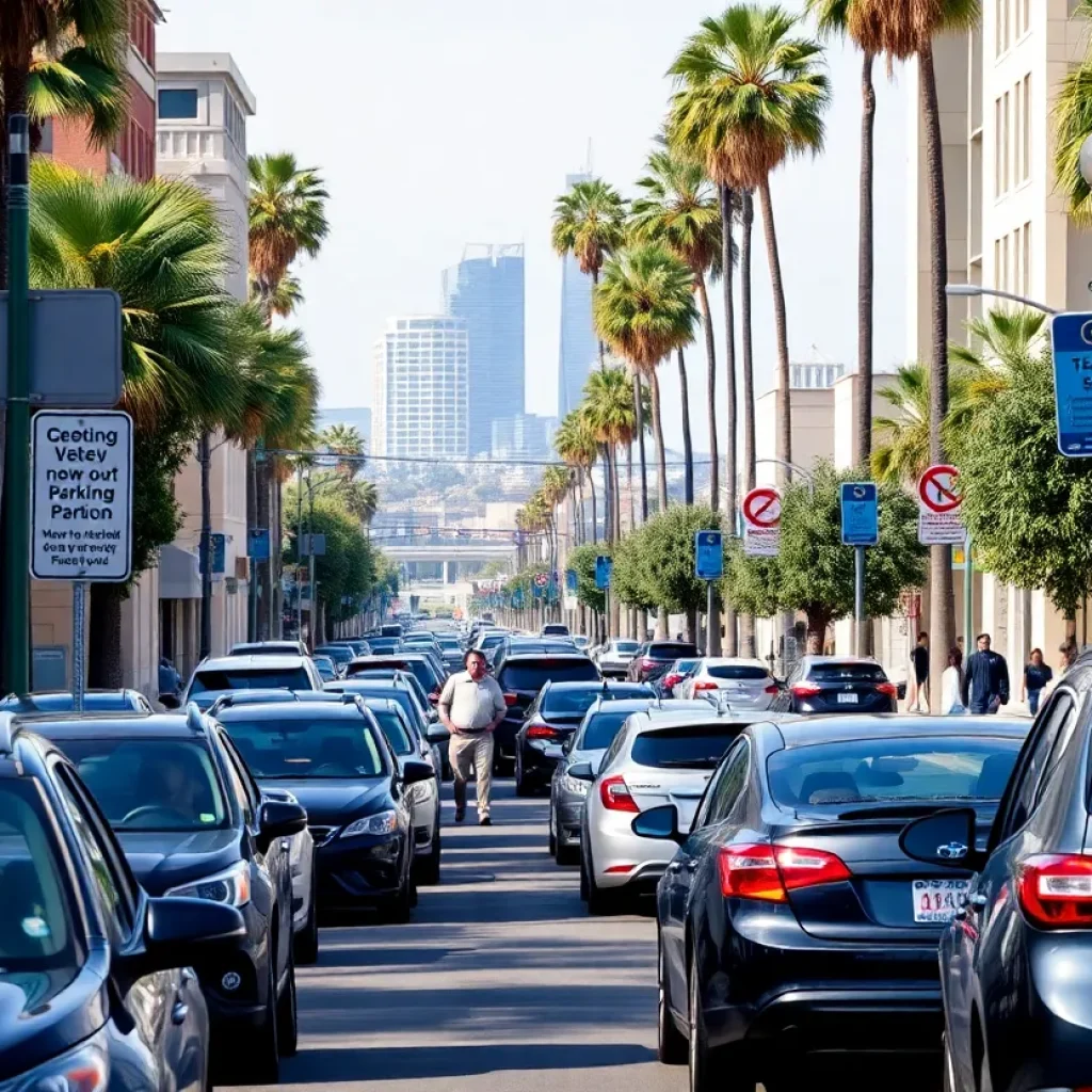 A busy street in San Diego showing metered parking and community life.