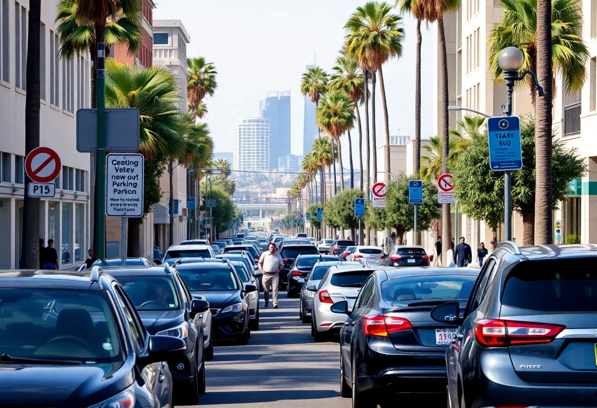A busy street in San Diego showing metered parking and community life.