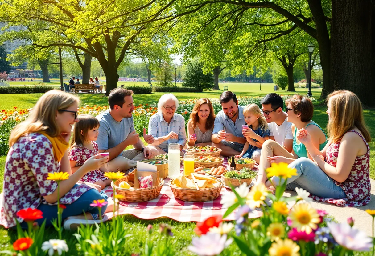 Picnic scene in San Diego with people enjoying food outdoors
