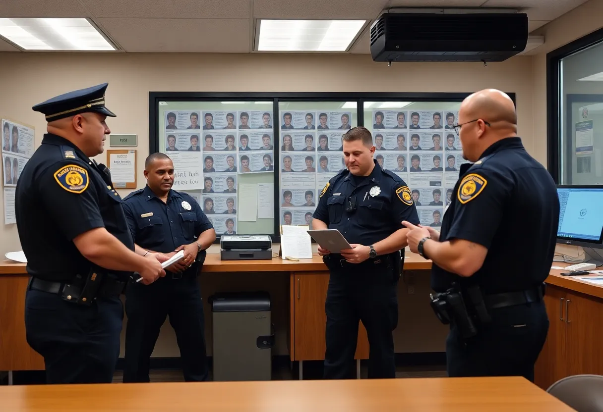Police officers discussing mugshot confidentiality