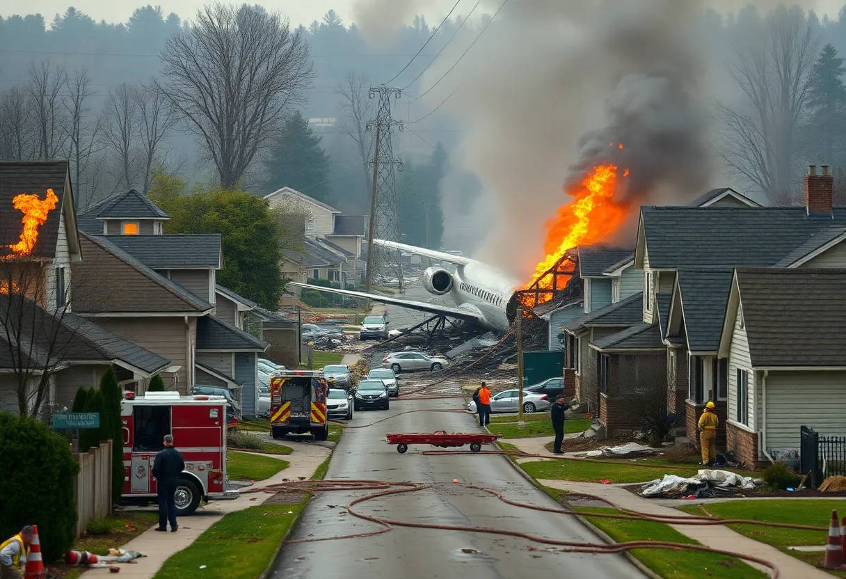 Scene of a private jet crash in San Diego neighborhood with fire and smoke.