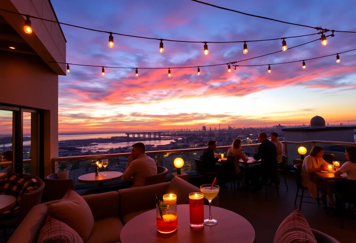 A vibrant scene at a rooftop bar in San Diego with sunset views and craft cocktails.