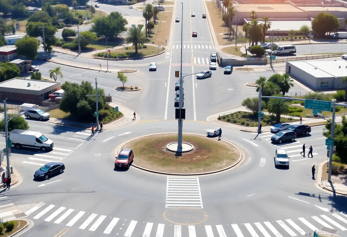 Aerial view of a roundabout in San Diego with cars circulating safely.