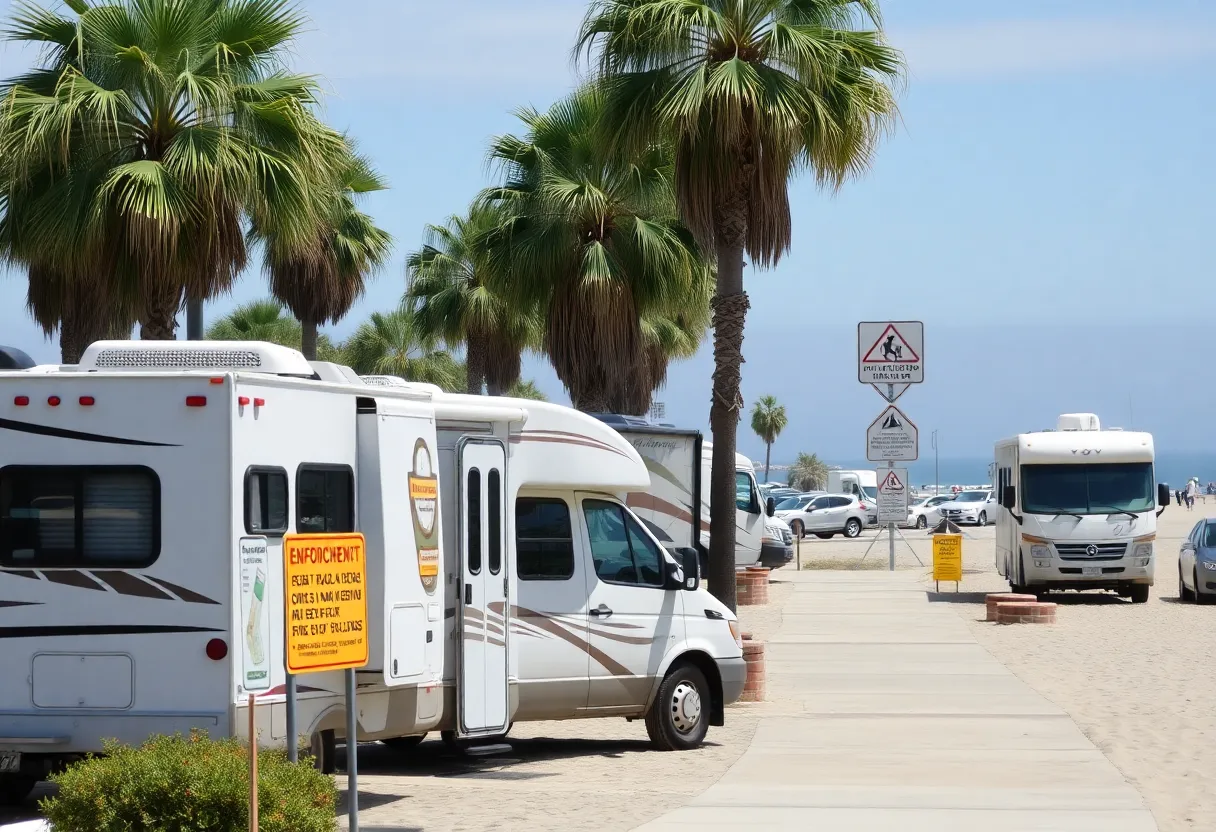 Beach area in San Diego showing RV parking and enforcement signs.