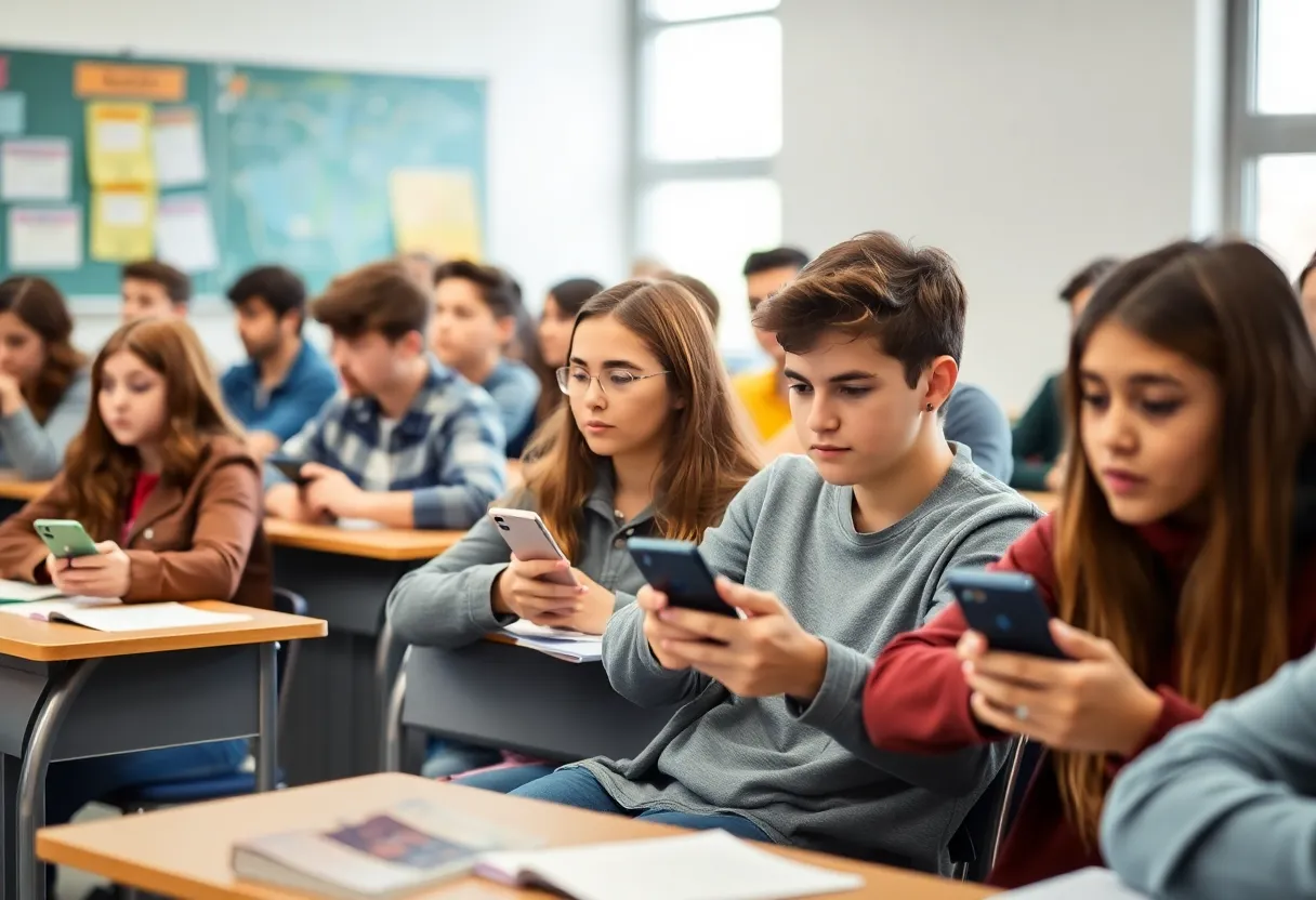 Students in a classroom focused on learning without mobile phones.