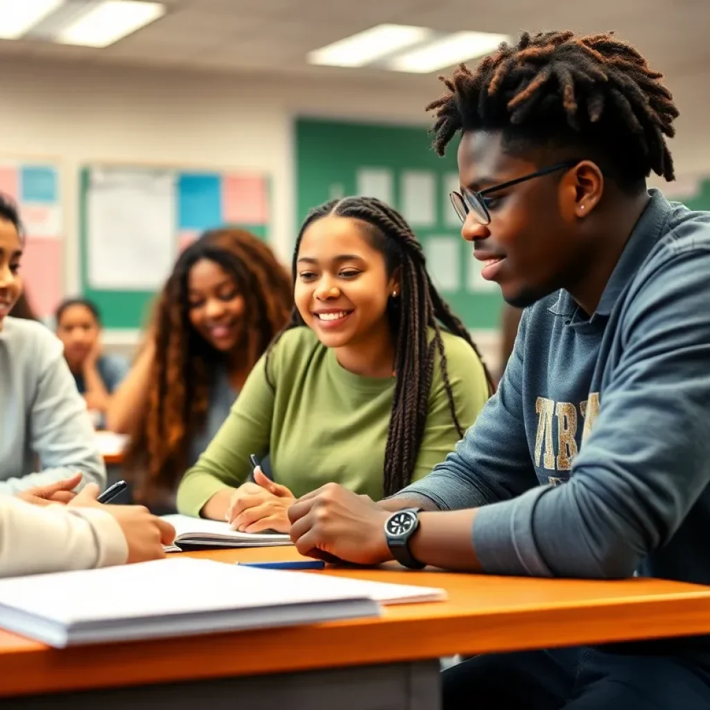 Diverse high school students collaborating in a classroom.