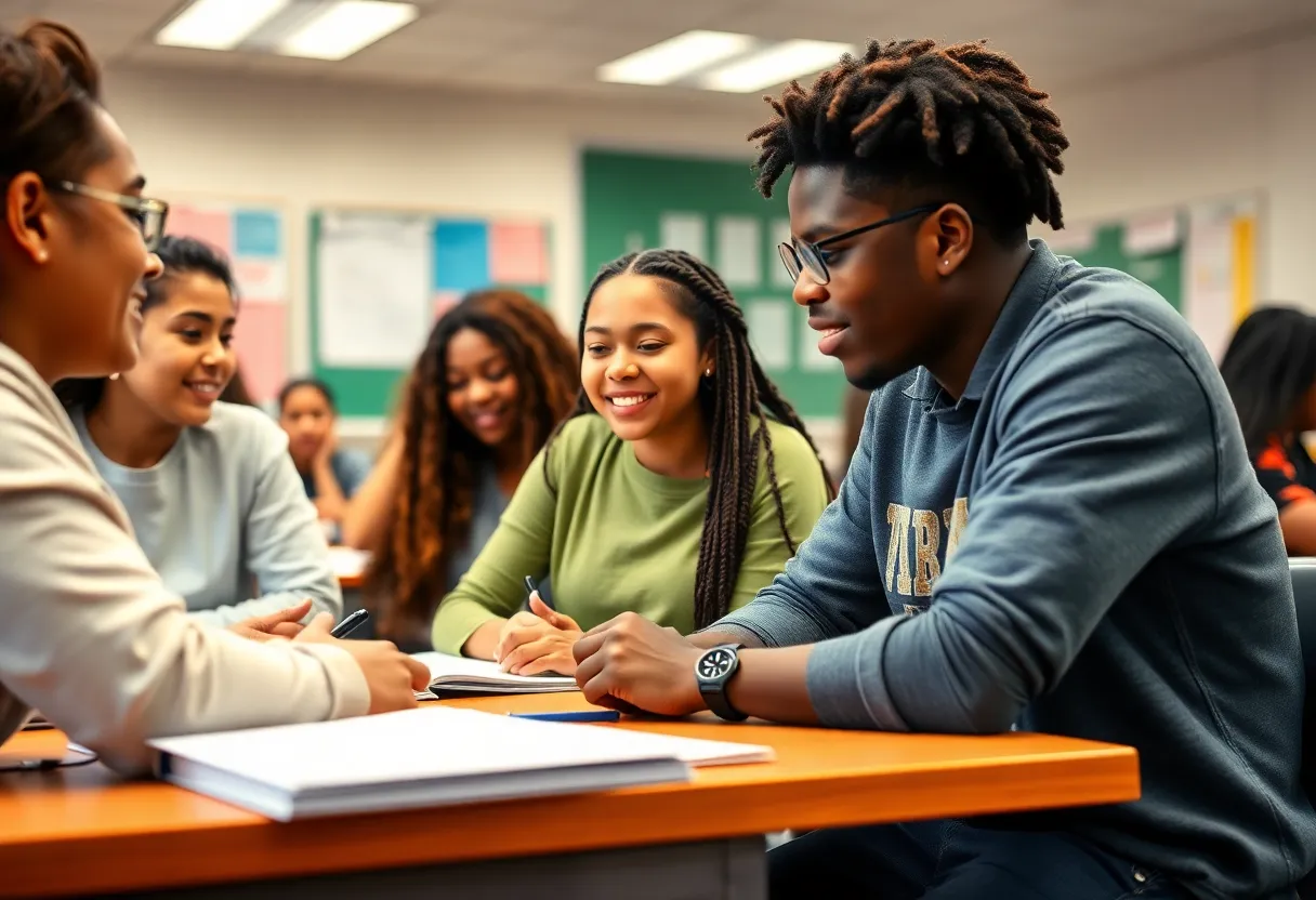 Diverse high school students collaborating in a classroom.