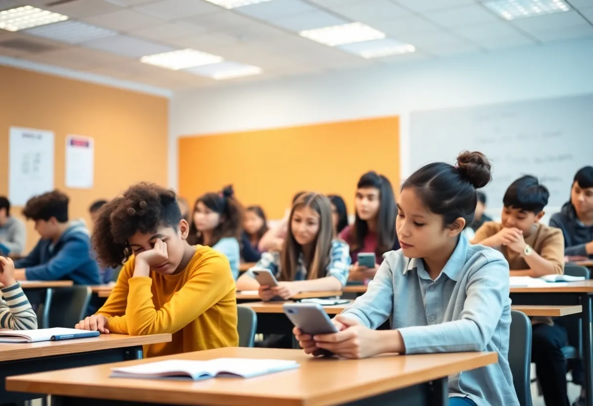 Students in a classroom engaged in learning activities without mobile phones.