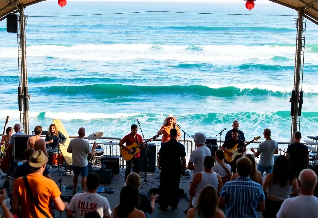 Concert scene with musicians performing outdoors alongside surfing waves.