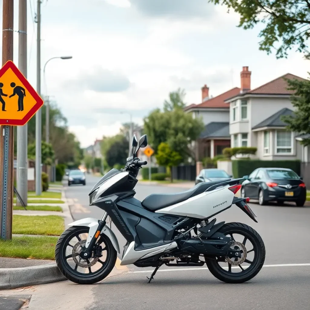 Caution sign in a residential area with an electric motorcycle parked nearby