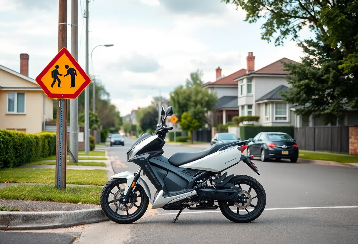 Caution sign in a residential area with an electric motorcycle parked nearby