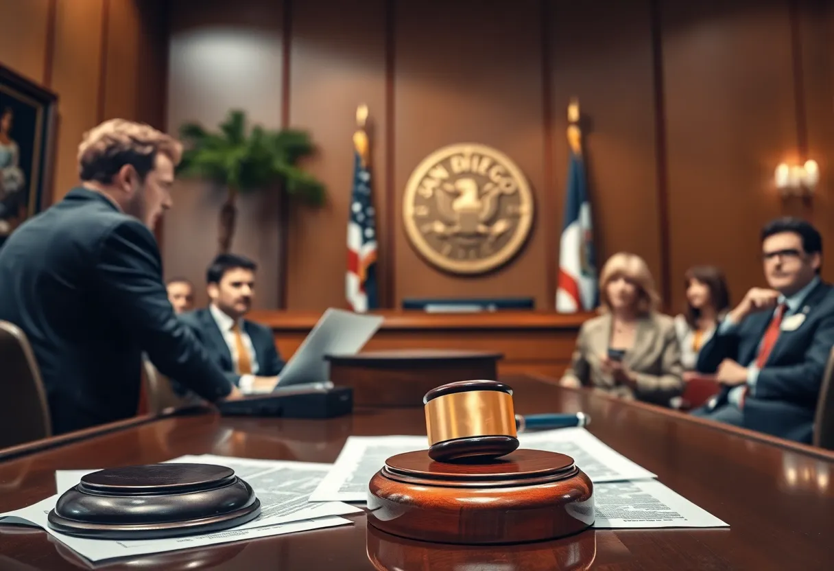 A courtroom scene illustrating the legal challenge against San Diego trash fee.