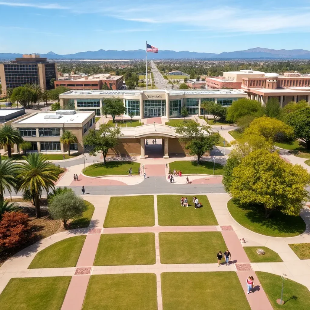Aerial view of SDSU and CSUSM campuses with students.