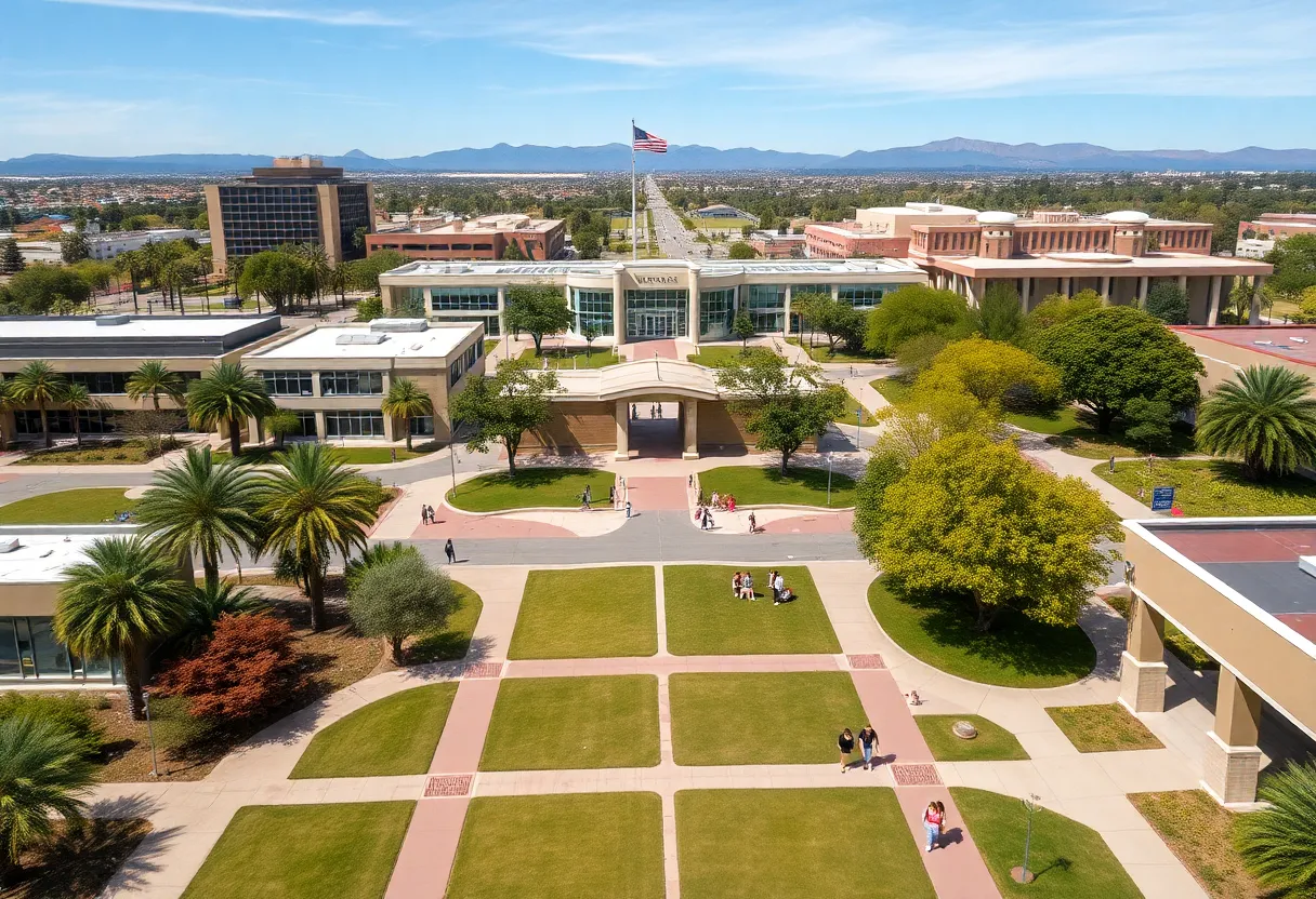 Aerial view of SDSU and CSUSM campuses with students.