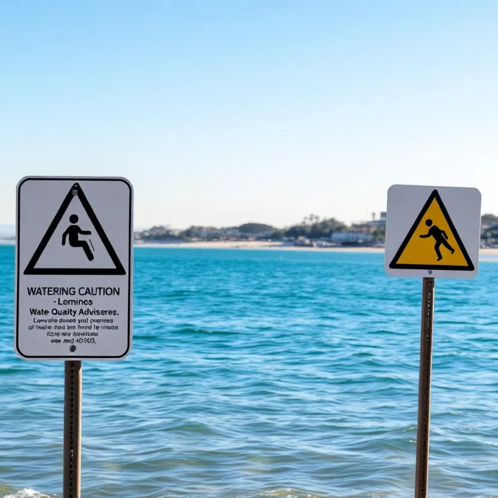 Warning sign at a San Diego beach about water quality advisories
