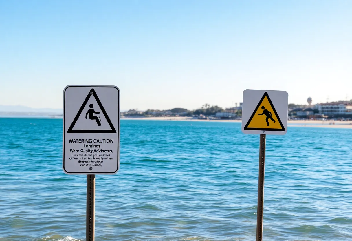 Warning sign at a San Diego beach about water quality advisories