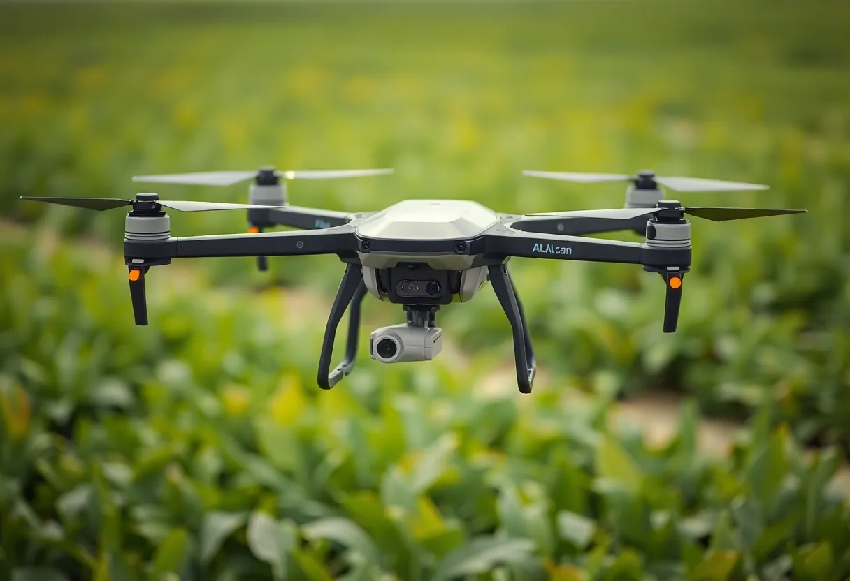 Prototype of an agricultural drone designed for soil and leaf sampling flying over a field.