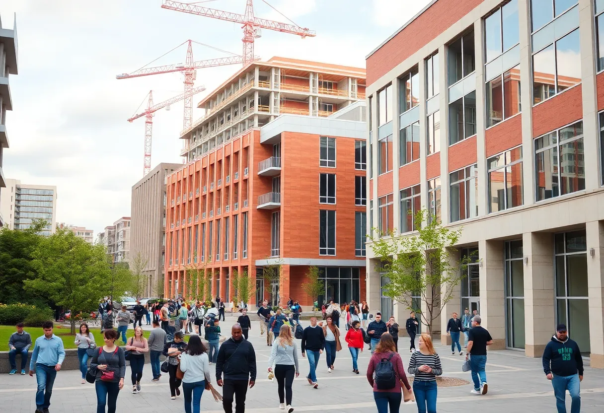 Students walking on the San Diego State University campus near new construction