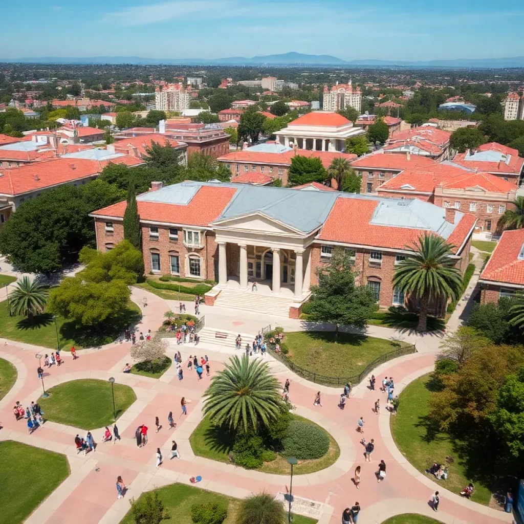 A lively view of SDSU campus with numerous students engaged in activities.