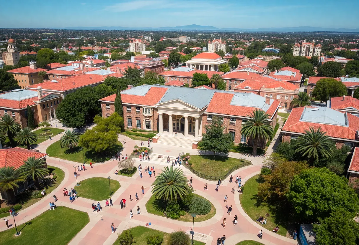 A lively view of SDSU campus with numerous students engaged in activities.