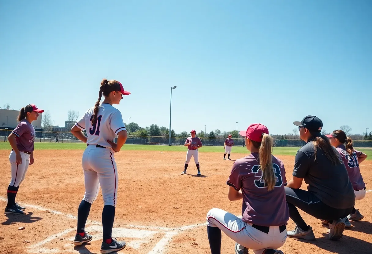 Collegiate softball team practicing drills with coaches