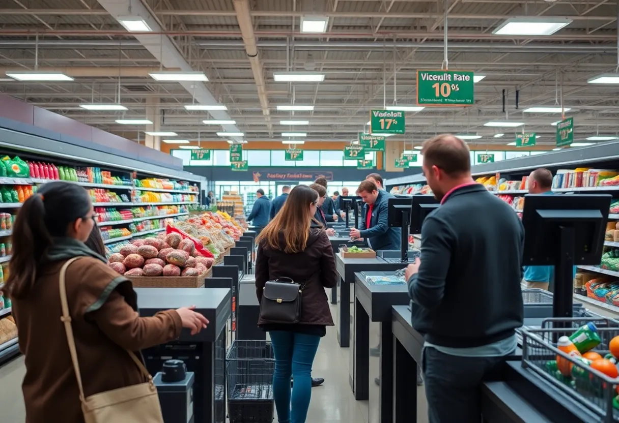 Self-checkout stations in a grocery store with a staffed checkout lane