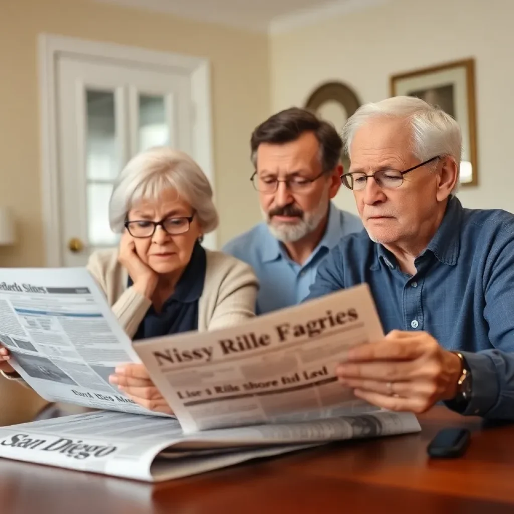 Senior couple reviewing subscription bills with a San Diego newspaper at home