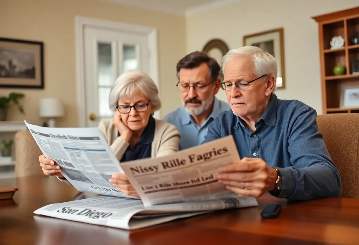 Senior couple reviewing subscription bills with a San Diego newspaper at home