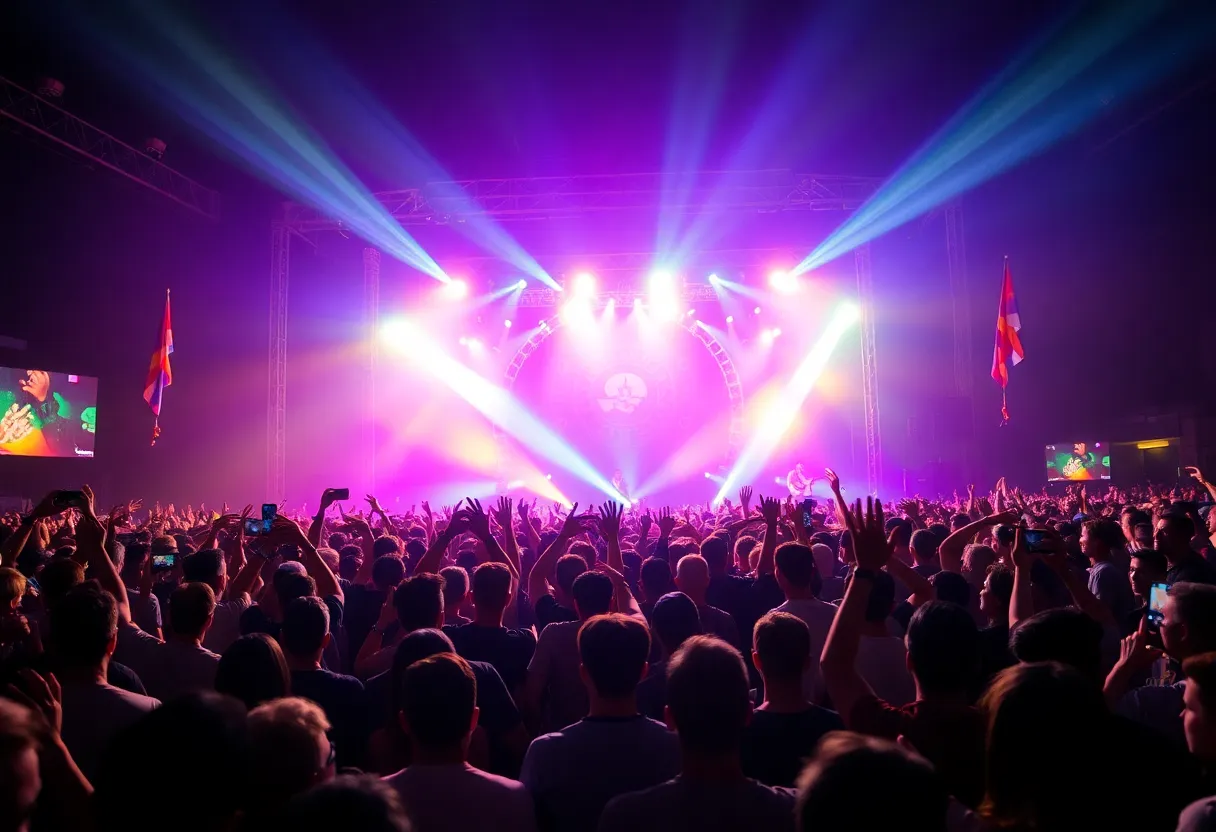 Large crowd at Shakira's concert with colorful lights