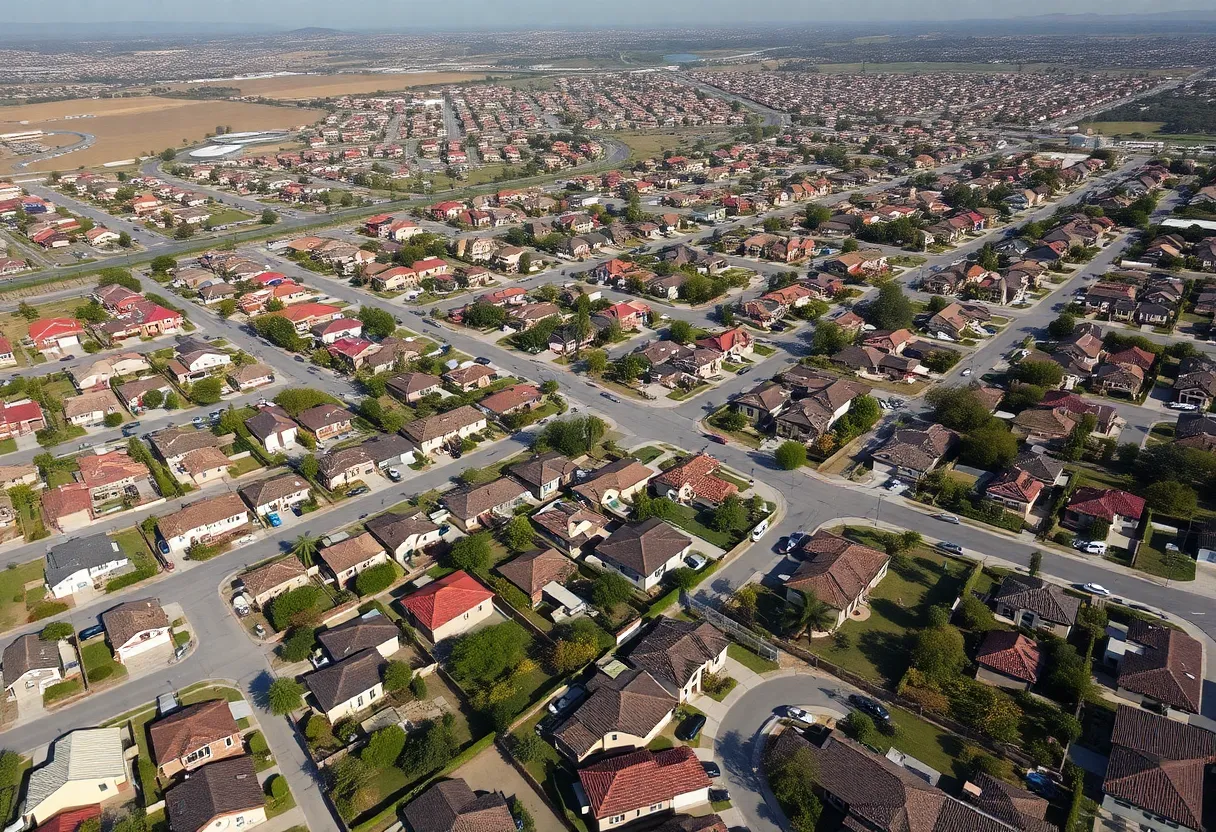 Aerial view of suburban homes in Southern California impacted by fuel dumping incident.