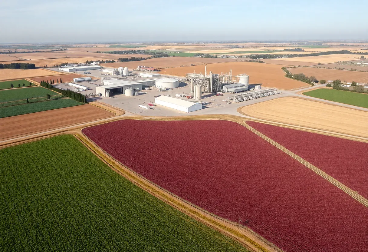 Aerial view of California sugar beet fields near a closing factory